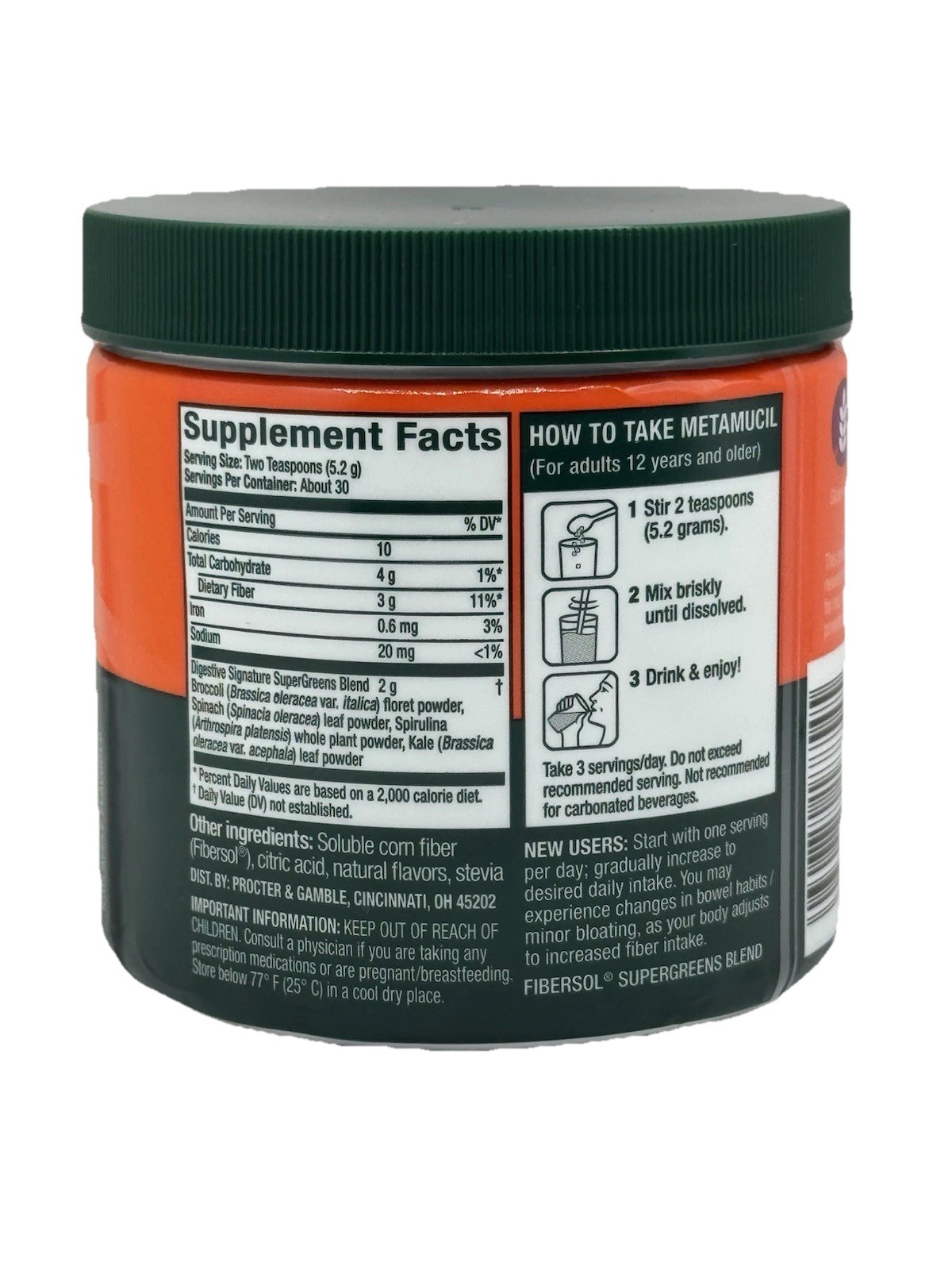 Metamucil Super Greens Digestive Blend Powder Fiber Kiwi Apple 5.5 Oz Ex 2027