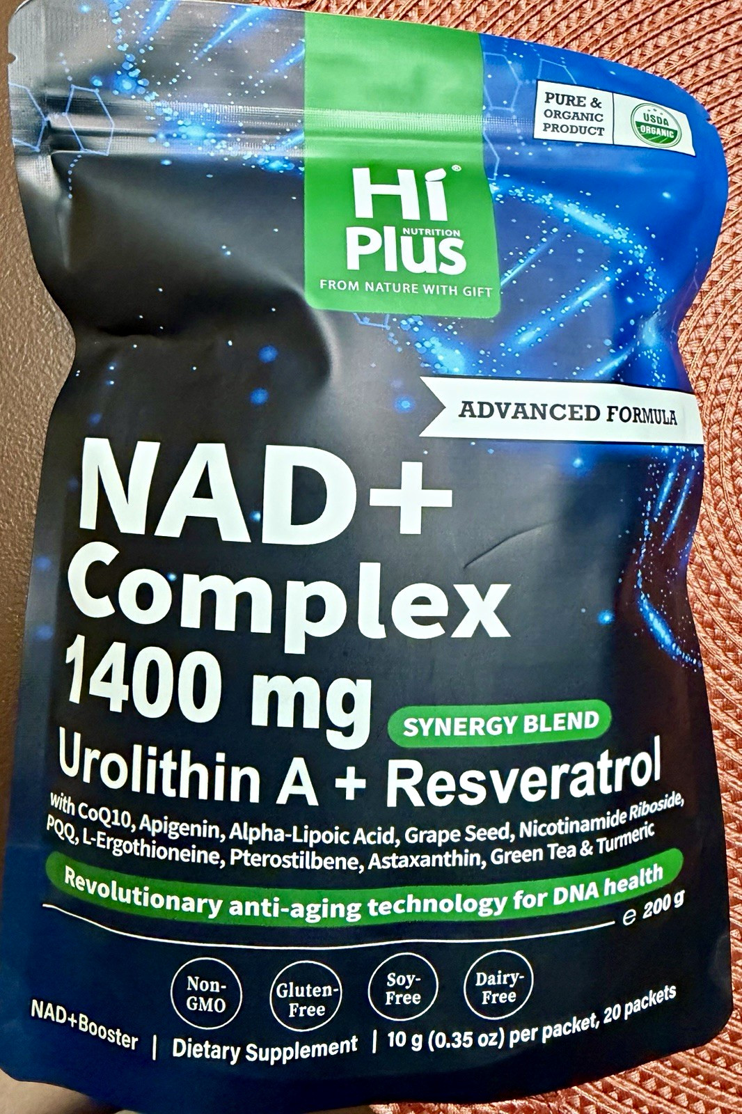 HiPlus NAD+ Booster Complex 1400mg Urolithin A + Resveratrol Powder 20 Pk