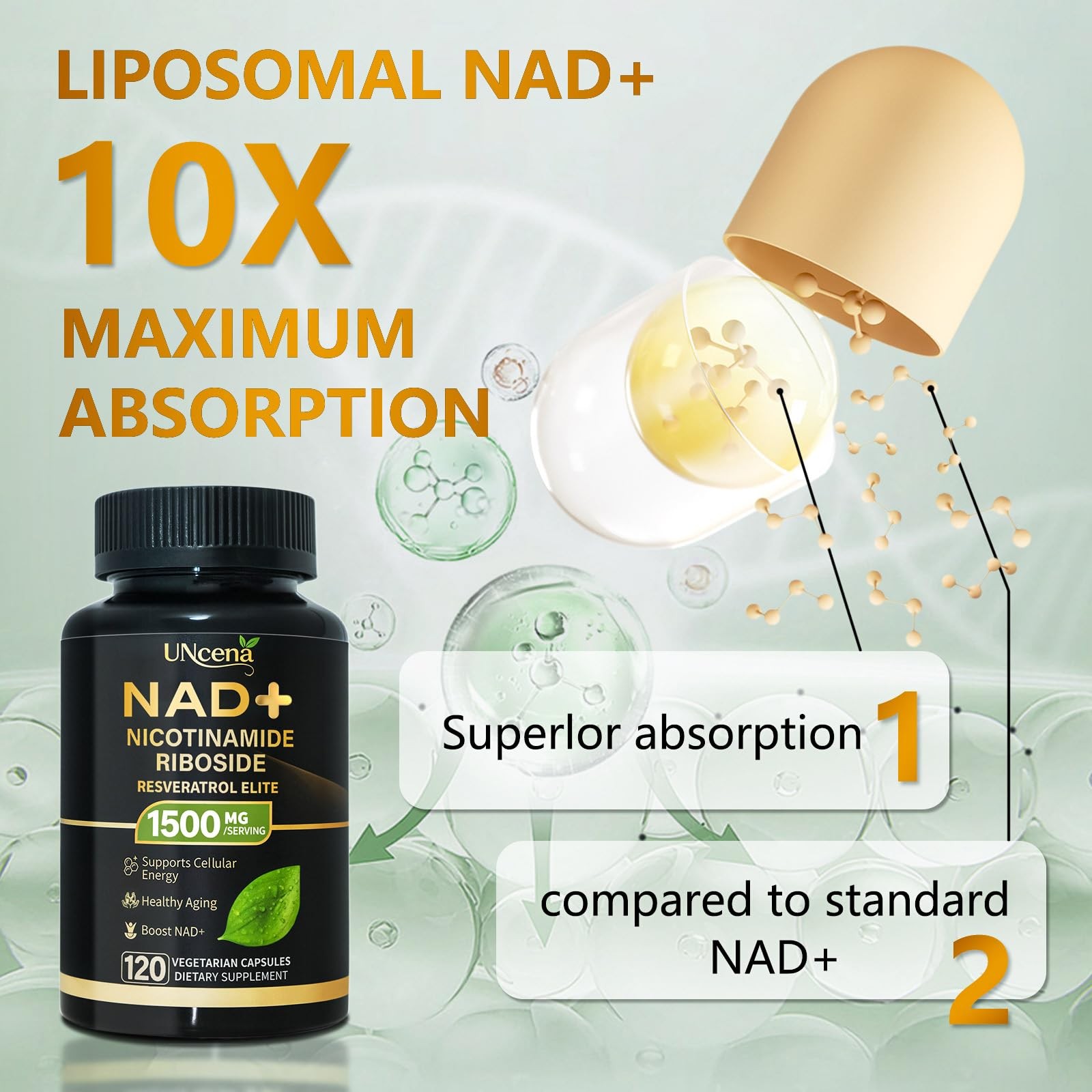 UNcena NAD Supplement 1500mg – Liposomal NAD+ 120 Count (Pack of 1)