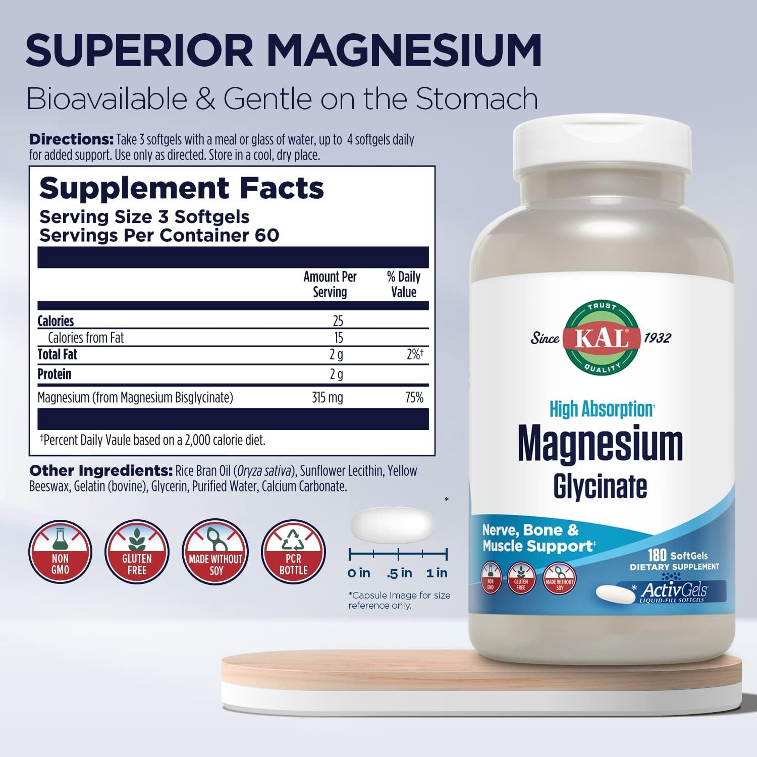 Kal Magnesium Glycinate 180 Softgels