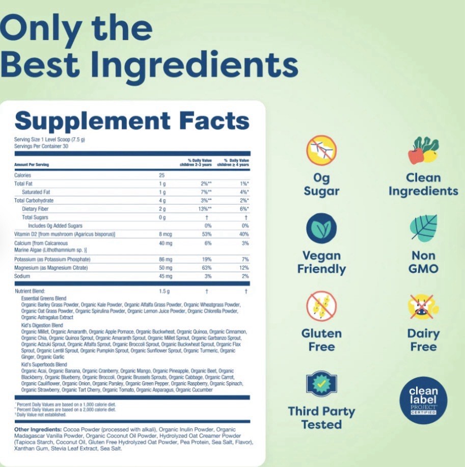 hiya Kids Daily Greens + Superfoods Powder, Chocolate, Vegan, 7.94 oz
