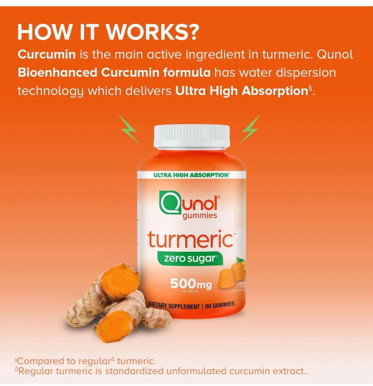 Qunol Zero Sugar Turmeric Gummies, Gummy 500mg 120 Count (Pack of 1) Exp 12/26
