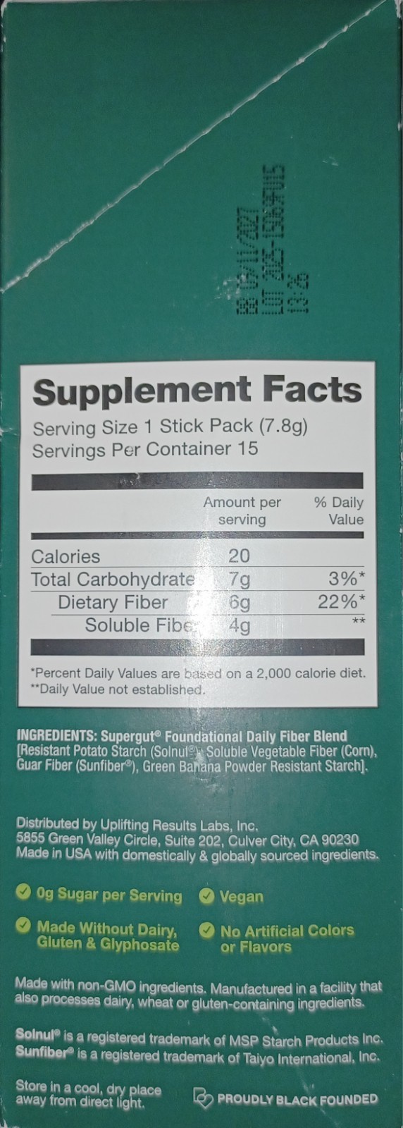 Supergut Foundational Daily Fiber Vegan & Sugar Free Prebiotic Powder 15 Stick