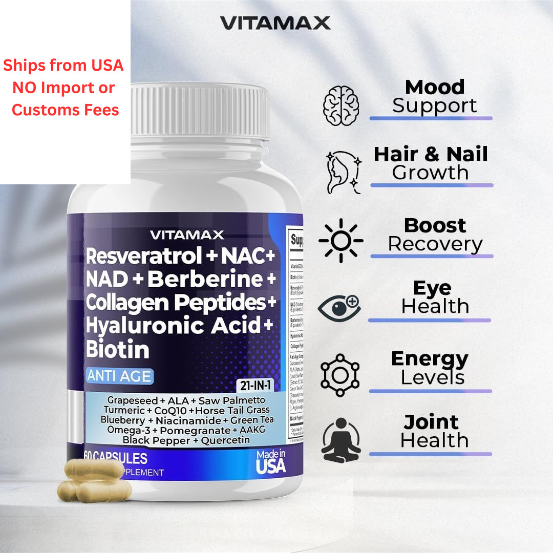 Vitamax Resveratrol NAD+ Berberine Hyaluronic Acid – 60 Count (Pack of 2)