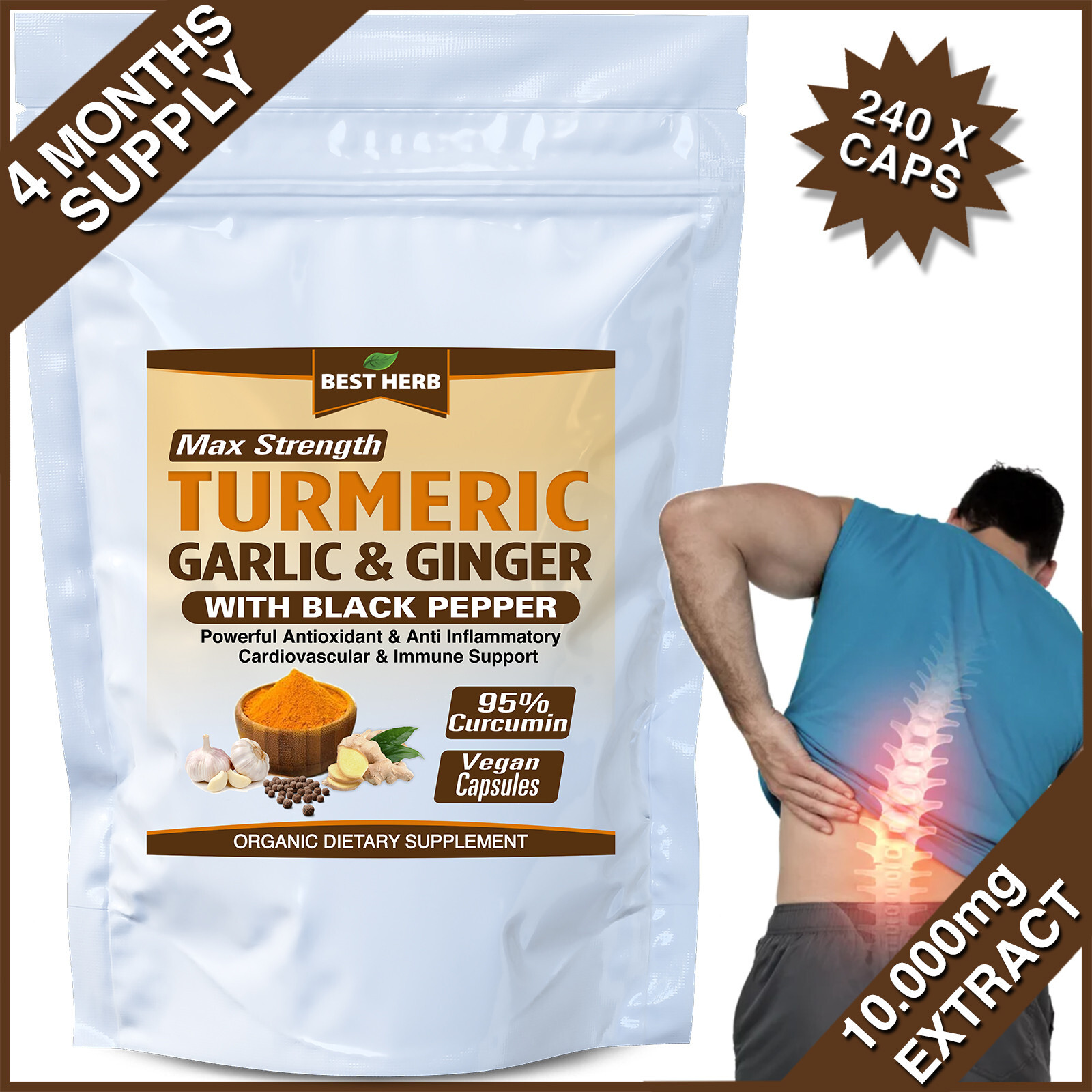 240 PURE TURMERIC GARLIC GINGER BLACK PEPPER EXTRACT 95% CURCUMIN TUMERIC PILLS