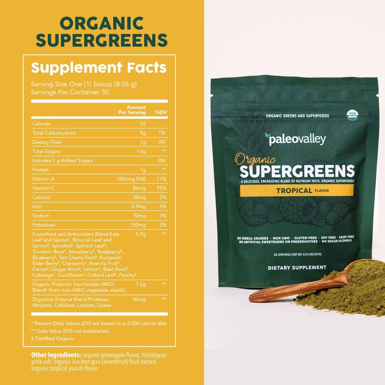 Paleovalley Organic Supergreens Powder – 23 Superfoods Prebiotic Fiber For
