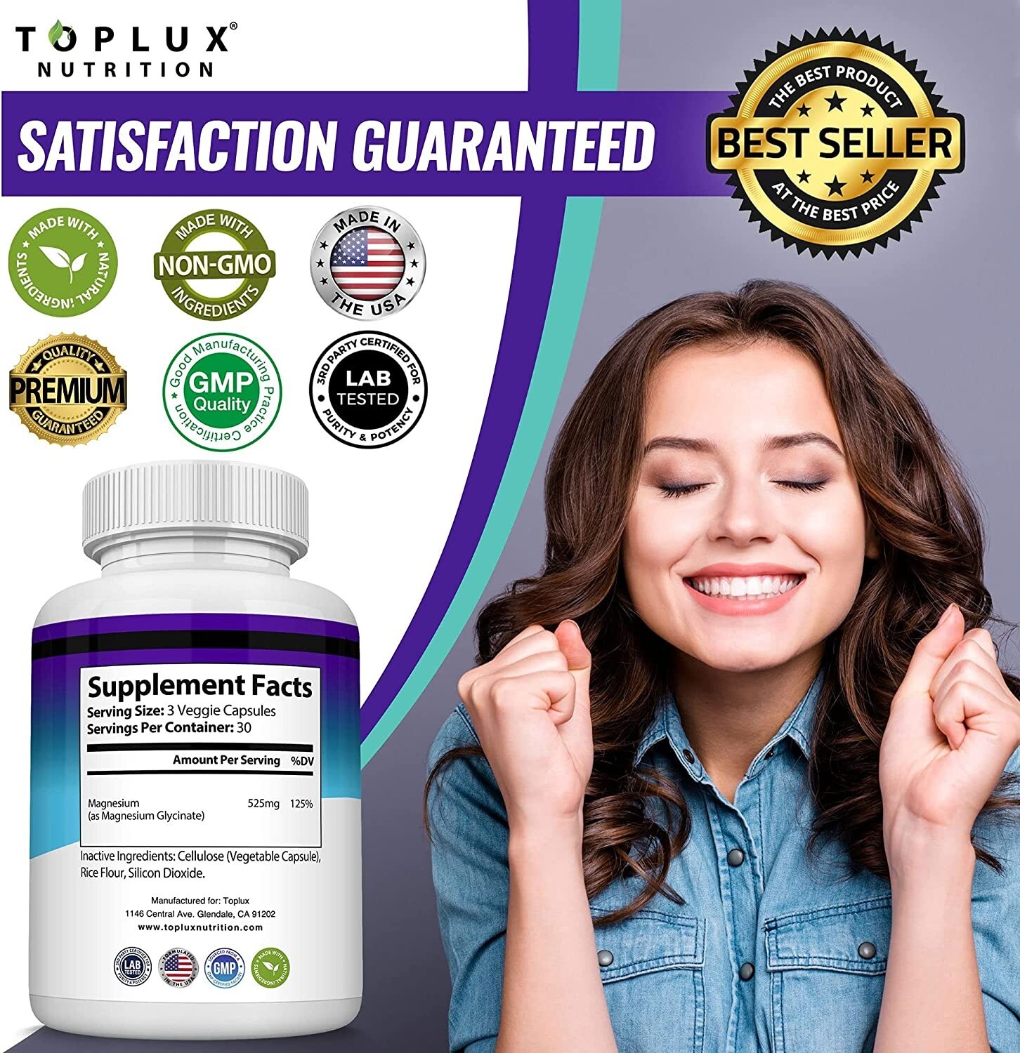 Magnesium Glycinate 525 MG Complex 90 Capsules125% DV High Absorption Magnesium