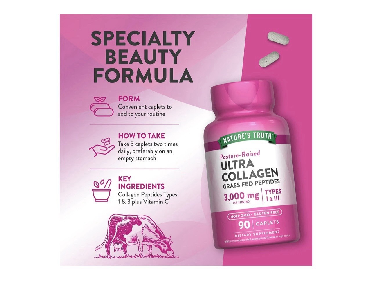 Nature’s Truth Ultra Collagen Grass Fed Peptides 3000mg Types I & III 90 Ct