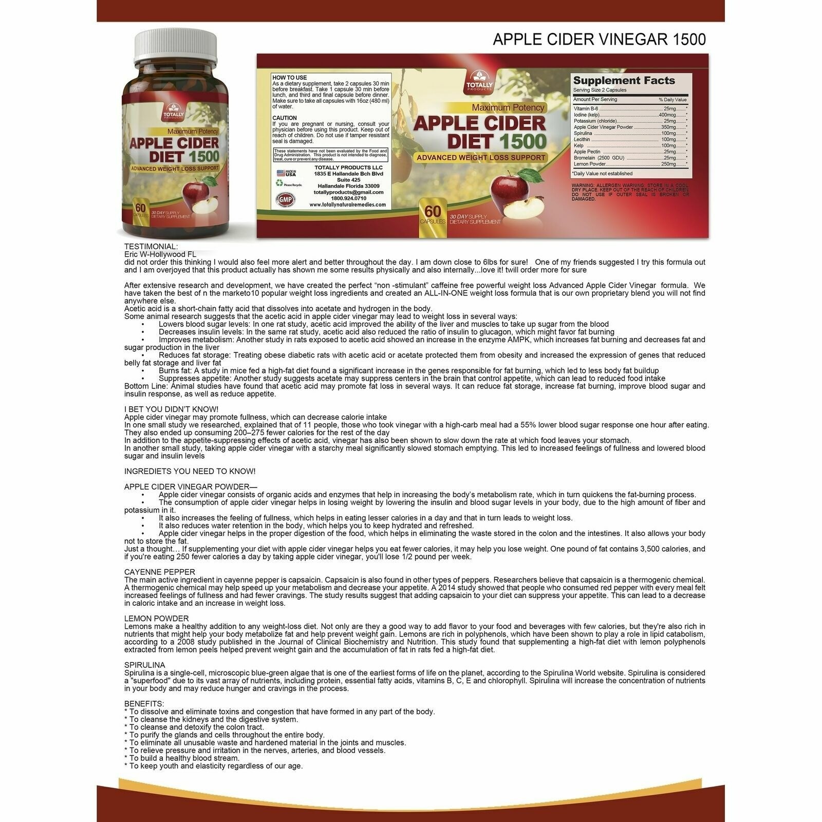 Apple Cider Vinegar 1500mg Weight Management & Saw Palmetto Prostate Supplement