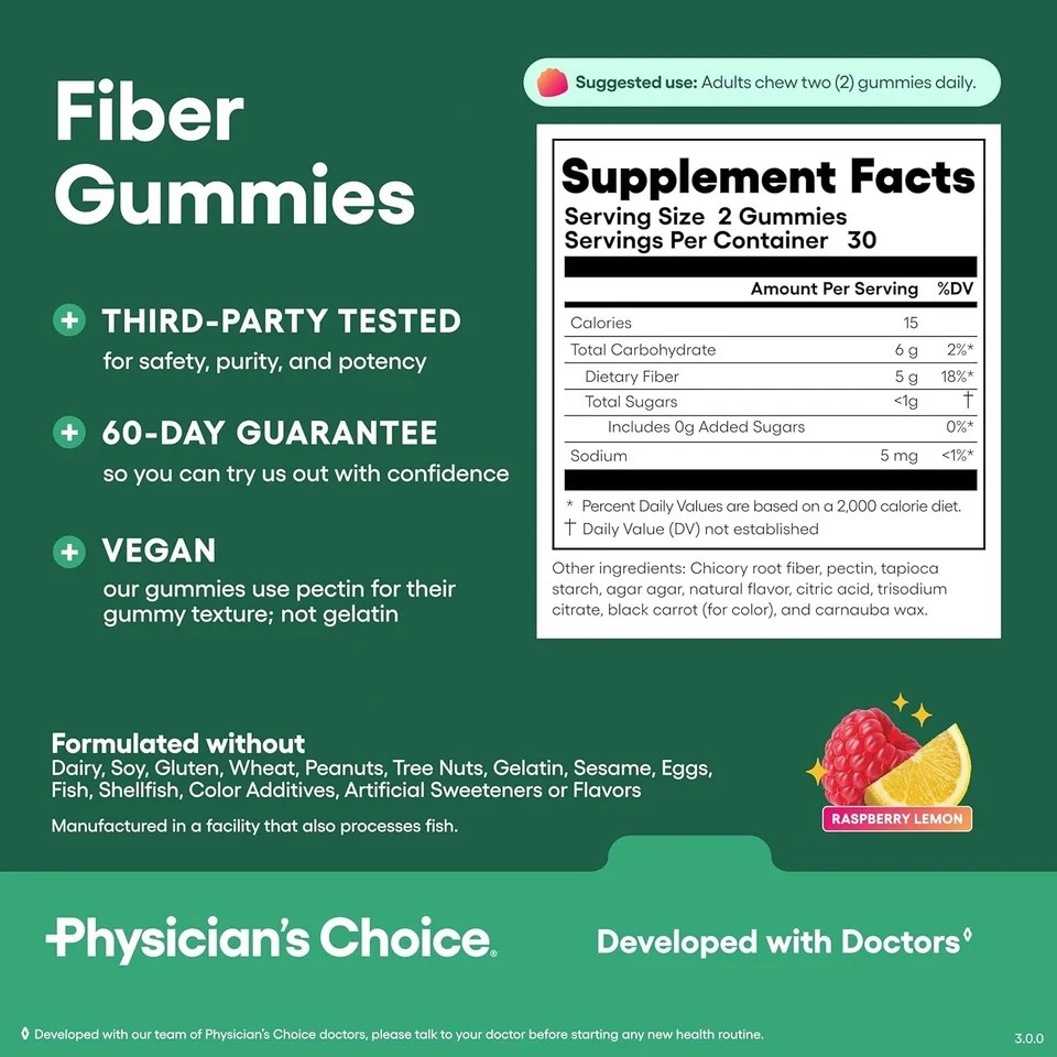 Physician’s Choice Fiber Gummies – Raspberry Lemon – No Sugar Added – 60CT