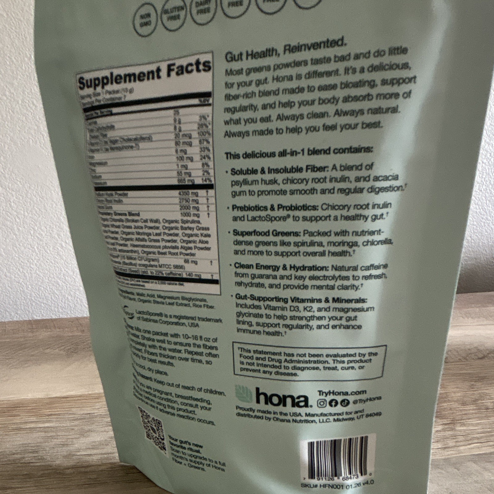 hona Fiber + Greens Gut & Superfood Blend Powder 3.2 oz (91 g) 7 Servings