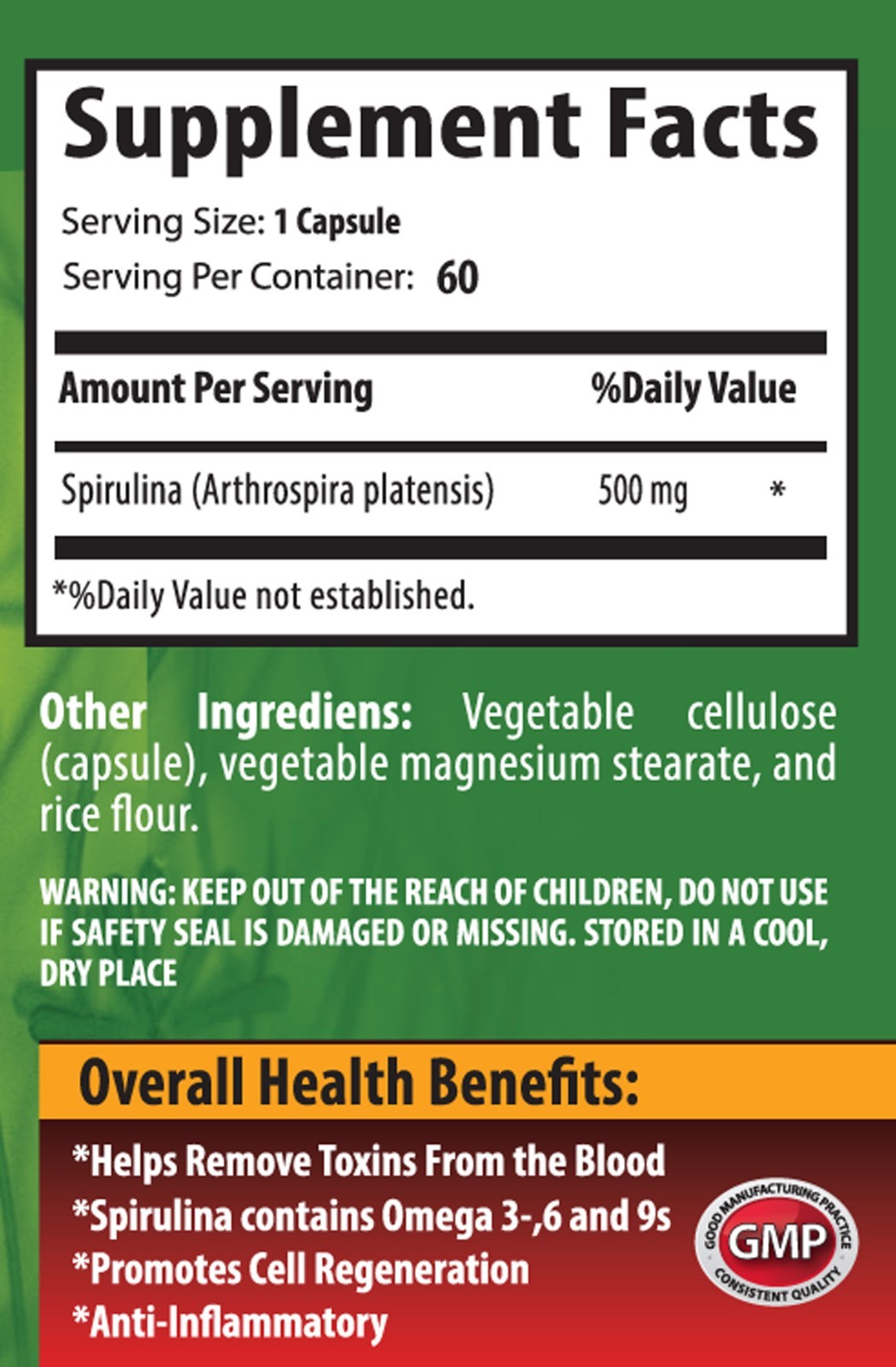 Spirulina Chlorella Pure Spirulina Plant-Based Nutrients (2 Bottles, 120 Caps)