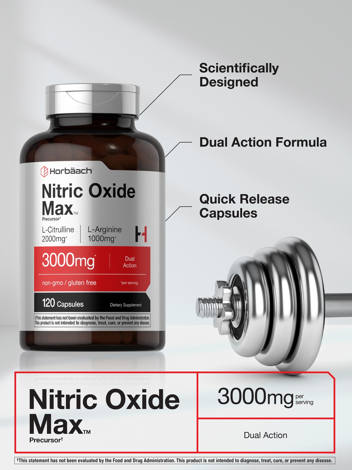 Nitric Oxide Supplement | 3000mg | 120 Capsules | Pre Workout | by Horbaach