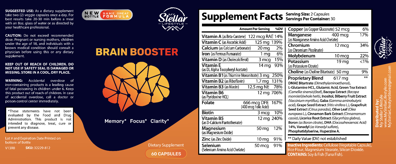 5 Pack Brain Booster, helps memory, focus and clarity-60 Capsules x5
