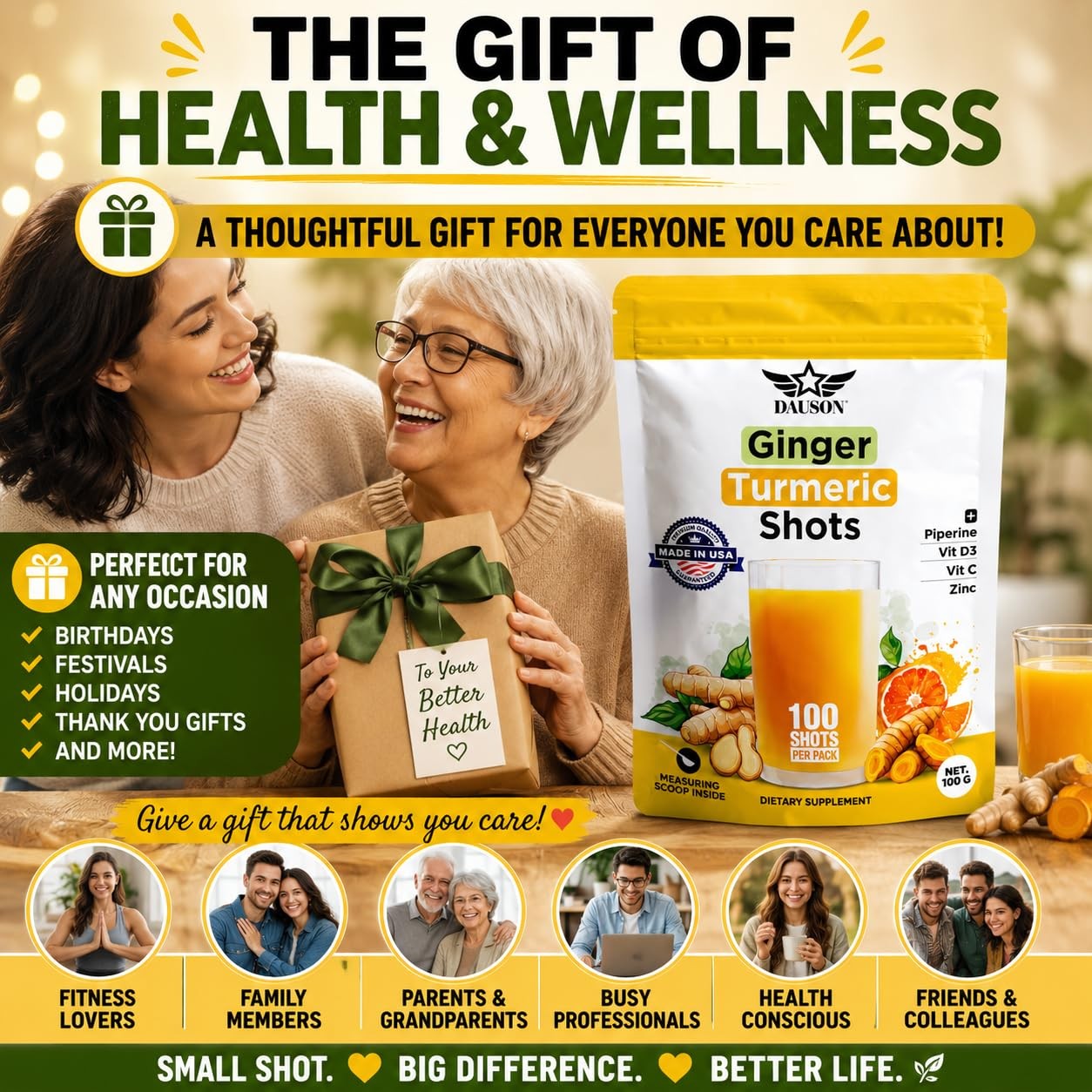 DAUSON Ginger Shots | Daily Wellness 100 Servings (Pack of 1), Yellow