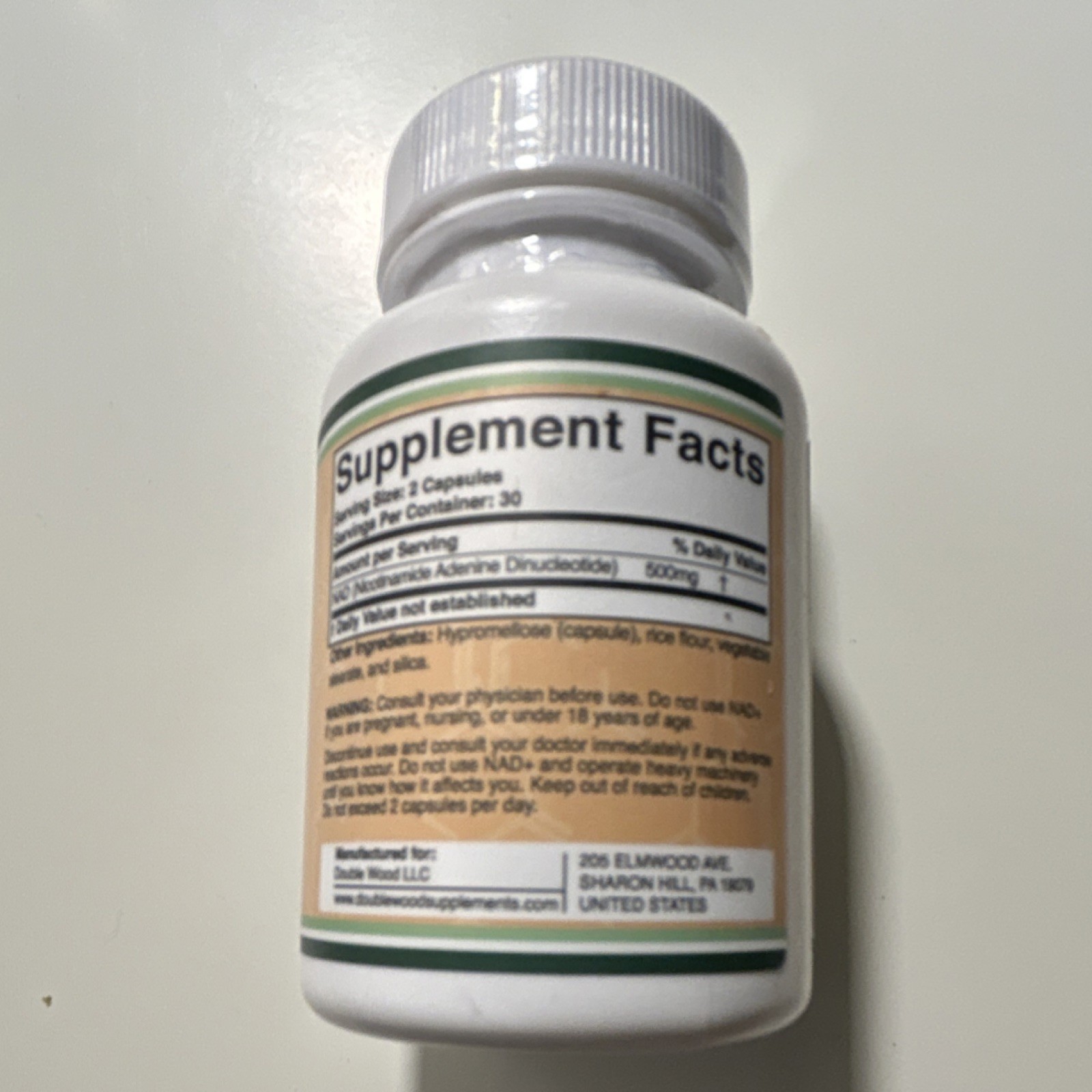 Double Wood Supplements NAD+ Capsules 500mg 60 Non-GMO Gluten-Free