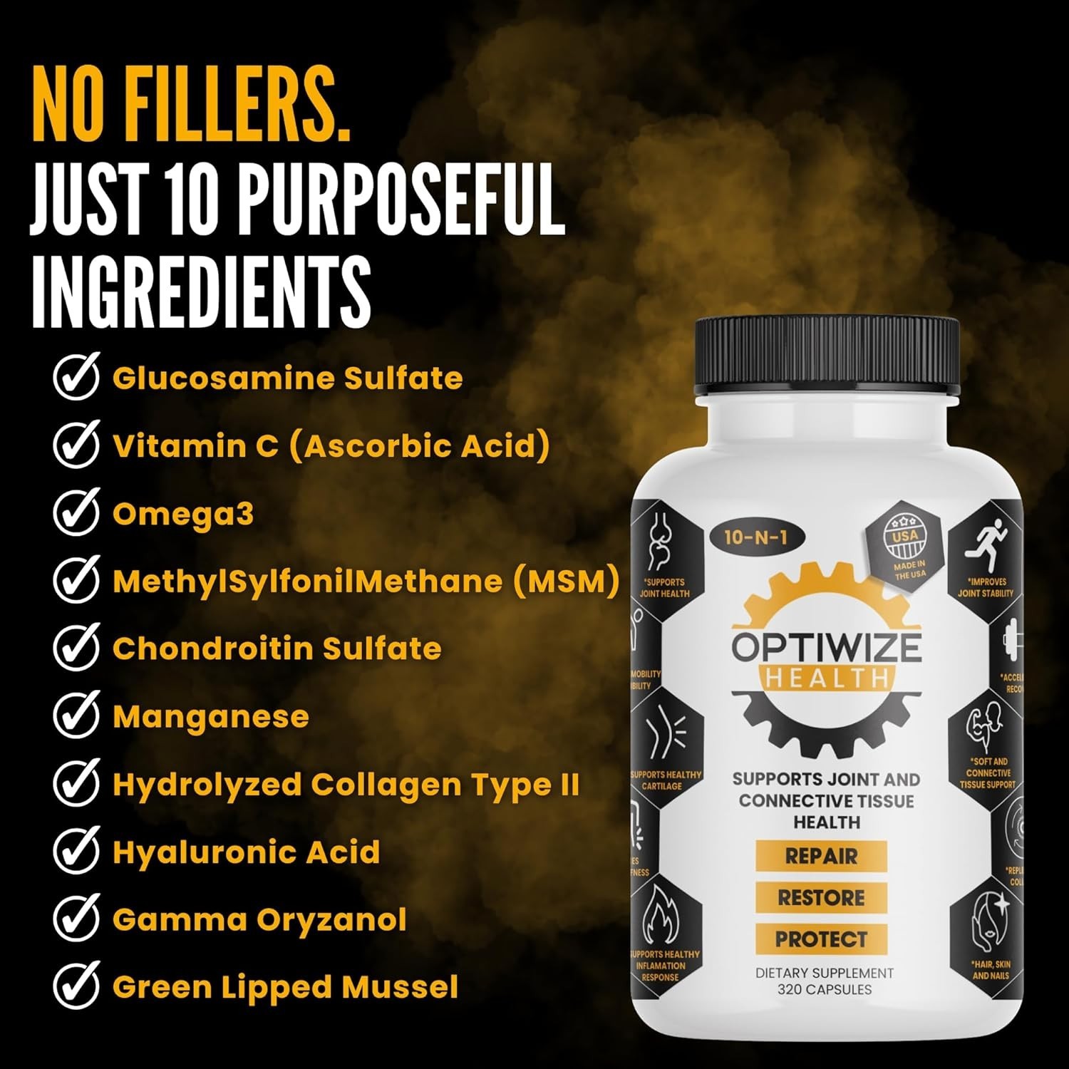 OptiWize 10-N-1 Joint Support 320 Count (Pack of 1), White, Yellow, & Black