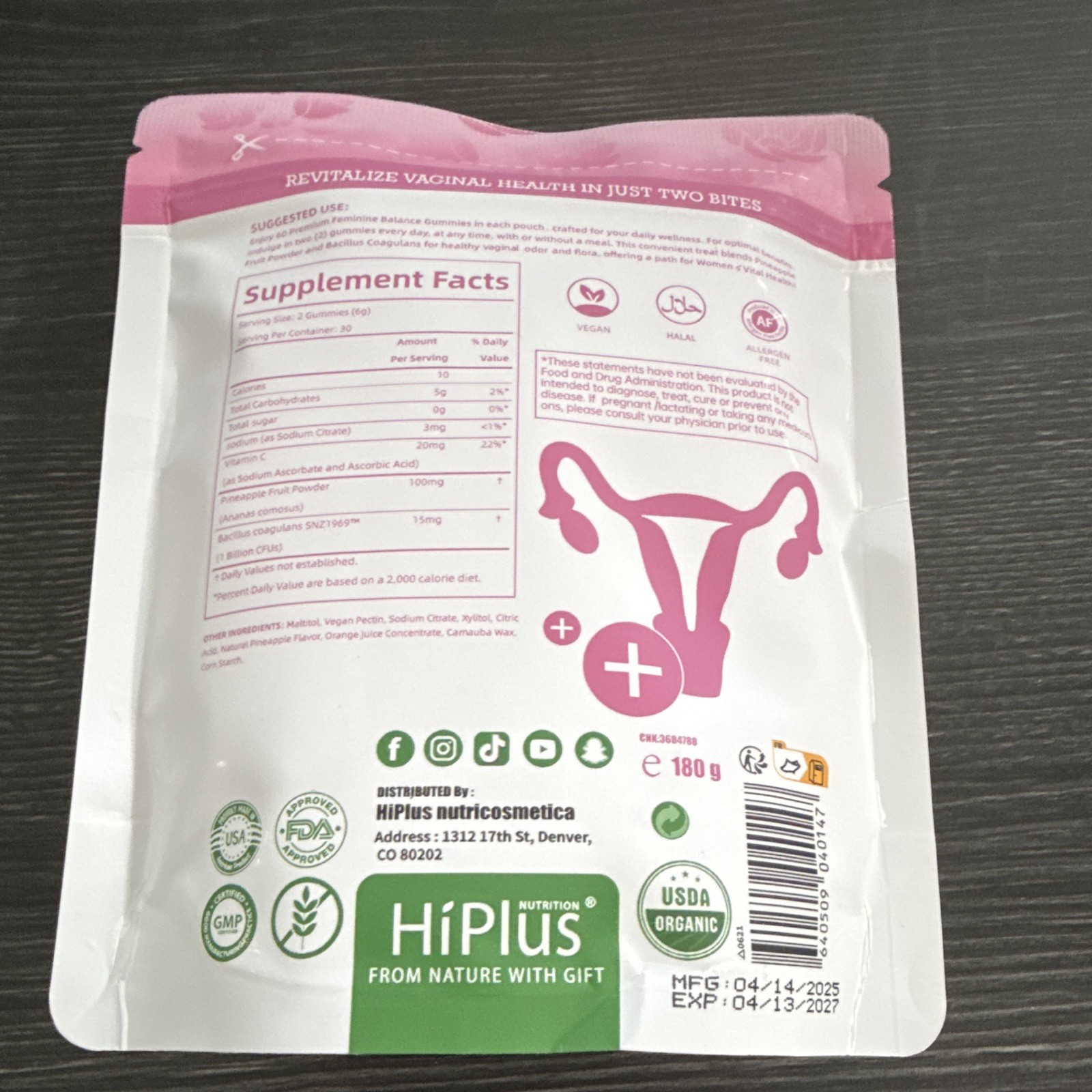 HiPlus Feminine Balance Probiotic Gummies Hawaiian Pineapple 60 Vegan Halal