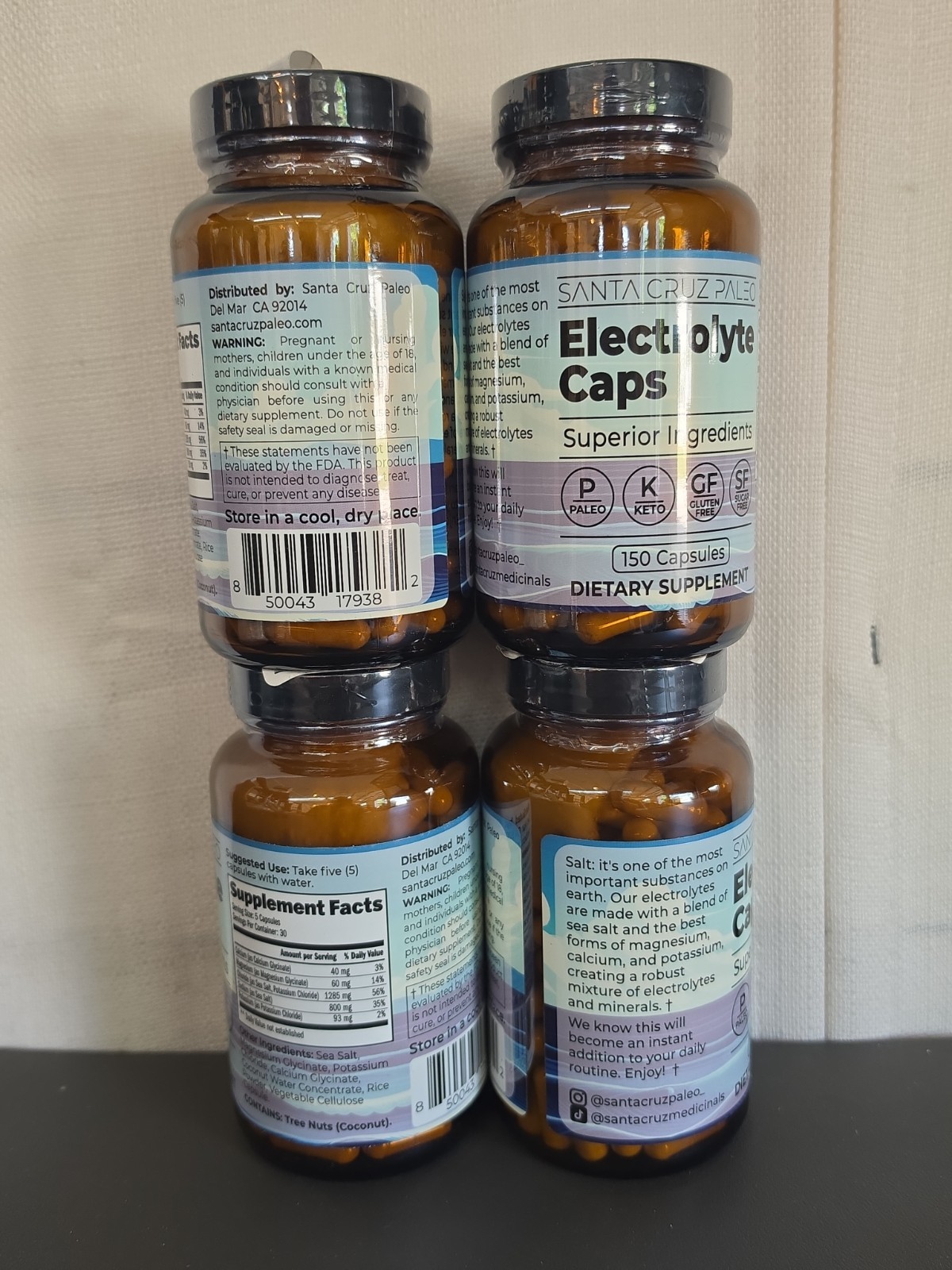 4 Pack Santa Cruz Paleo Electrolyte Caps DIETARY SUPPLEMENT 150 Caps. EA BB02/27