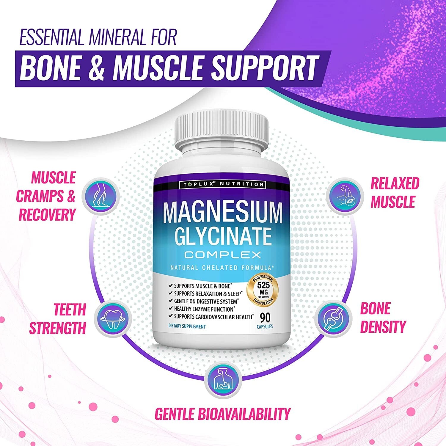 Magnesium Glycinate 525 MG Complex 90 Capsules125% DV High Absorption Magnesium