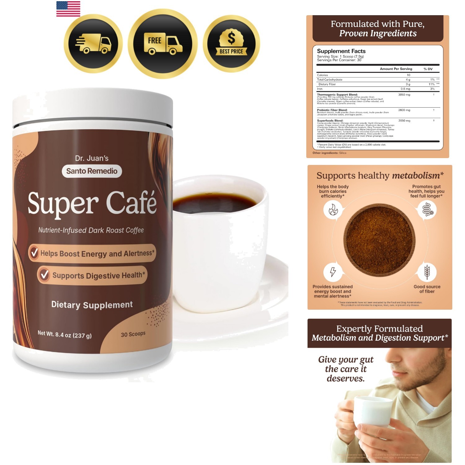 Super Café, Coffee Powder with Prebiotic Fiber & Mushrooms, Dark Roast, 100 m…