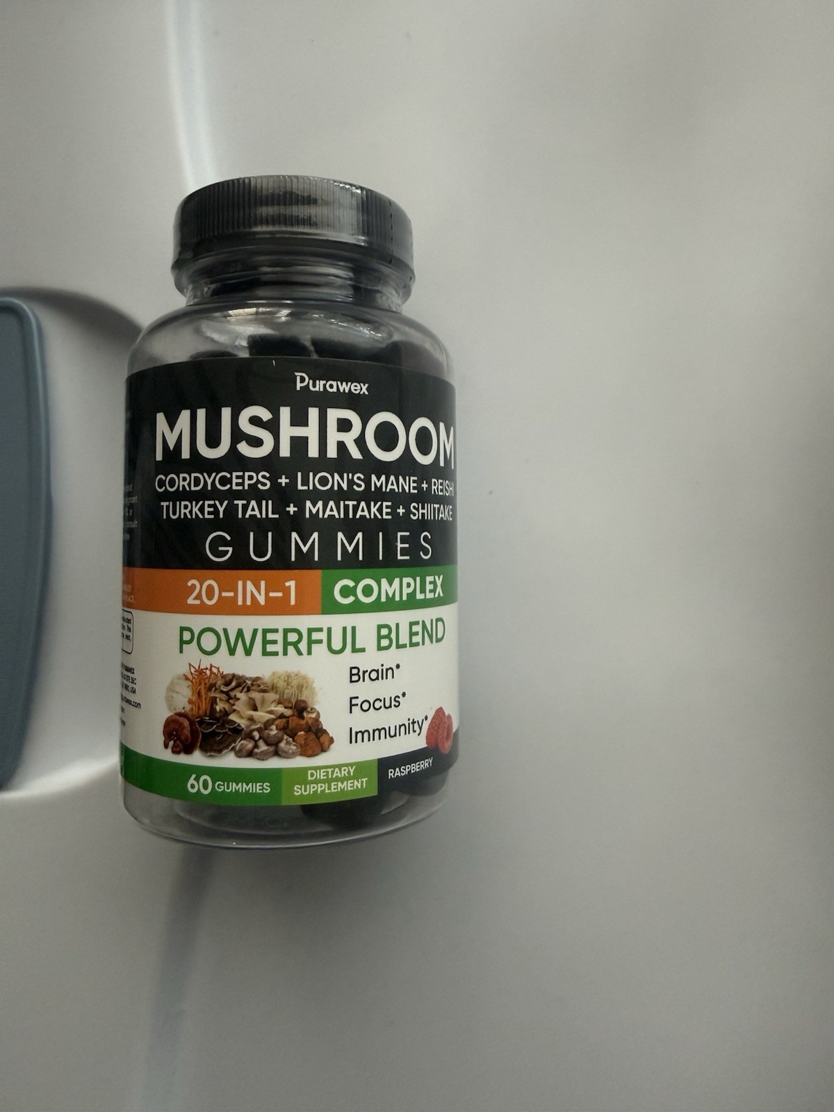 Purawex Mushroom Gummies 20-in-1 Complex Vegan Raspberry 60 Gummies Exp 03/27