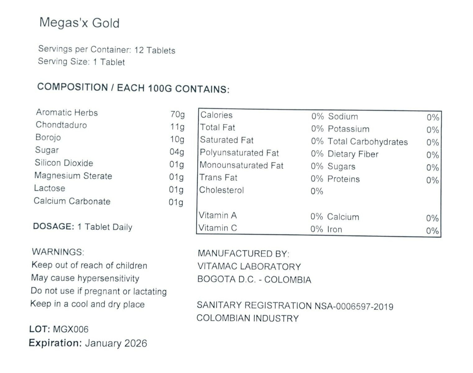 Megas’x Gold All-Natural Supplement for Men – 12 Tablets