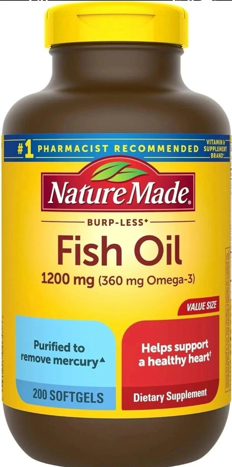 Nature Made Fish Oil 1200mg (360mg Omega 3) 200 Softgels Exp 2028+