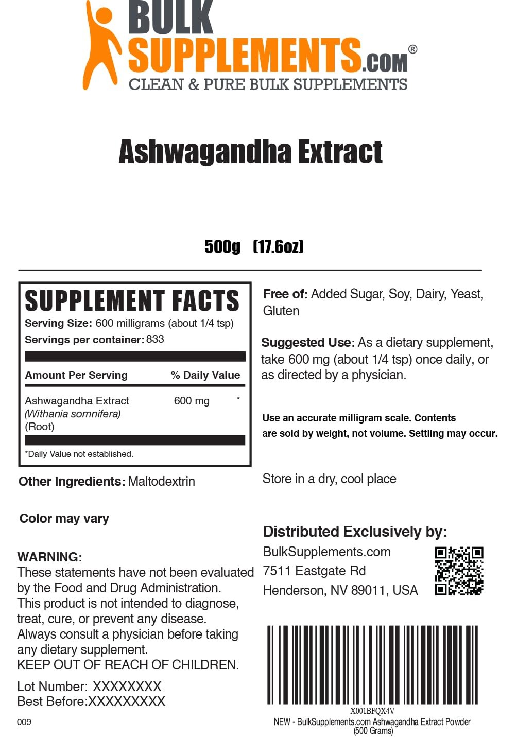 BulkSupplements.com Ashwagandha Root Extract Powder – 17.64 Ounce (Pack of 1)
