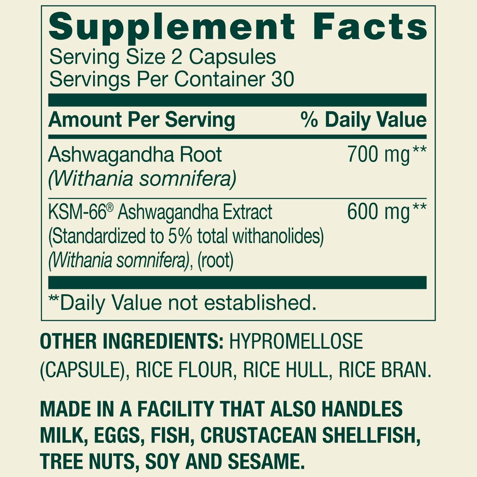 Spring Valley Extra Strength KSM-66 Ashwagandha 1,300mg 60 Vegetarian Capsules