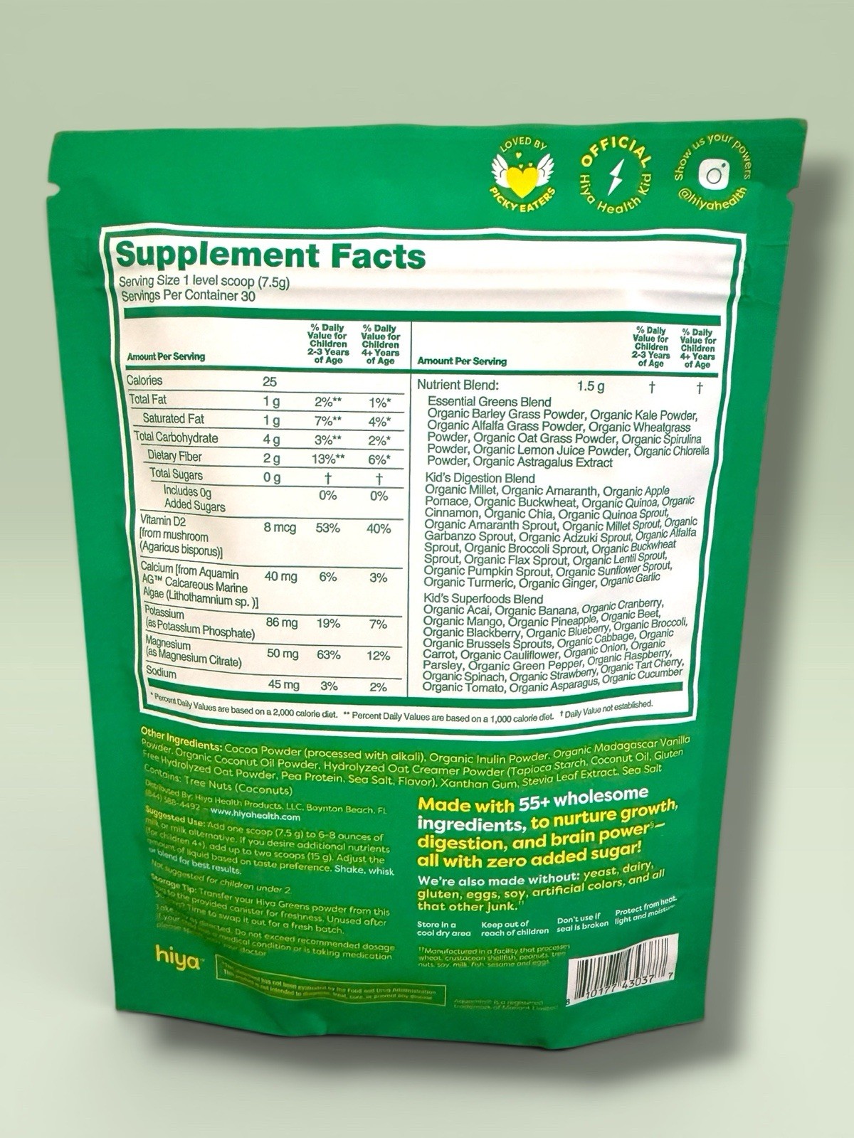 hiya Kids Daily Greens + Superfoods Powder, Chocolate, Vegan, 7.94 oz