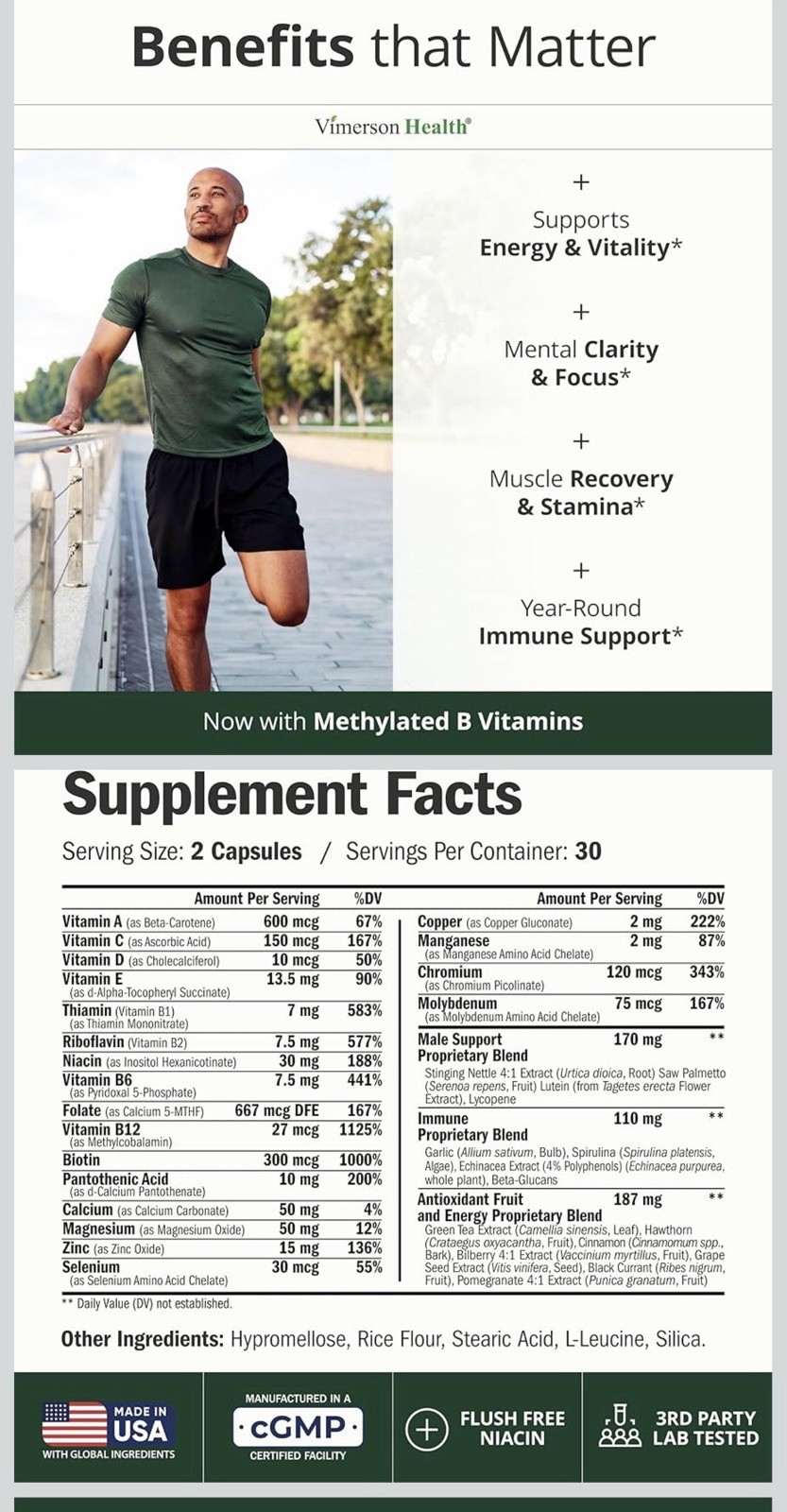 Vimerson Health Methylated Multivitamin for Men Energy Immune 60 Caps Niacin