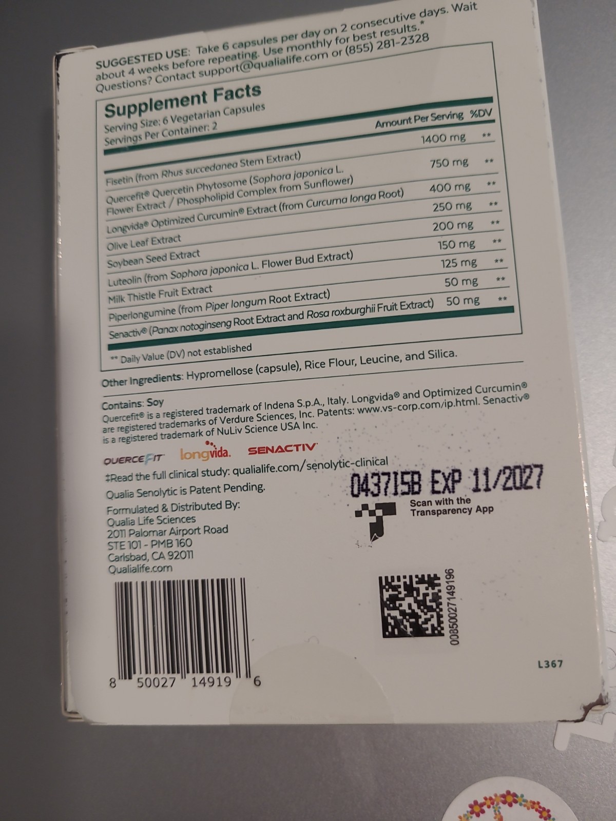 Qualia Senolytic Optimized Aging Youthful Cellular Function Two day 12 Capsules