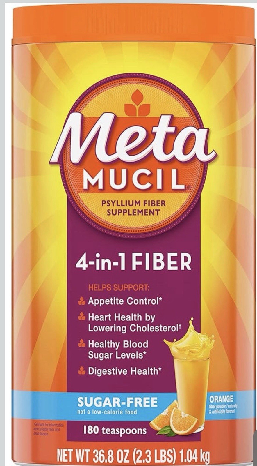 Metamucil 4-in-1 Fiber Psyllium Husk Powder Sugar-Free Orange 36.8oz