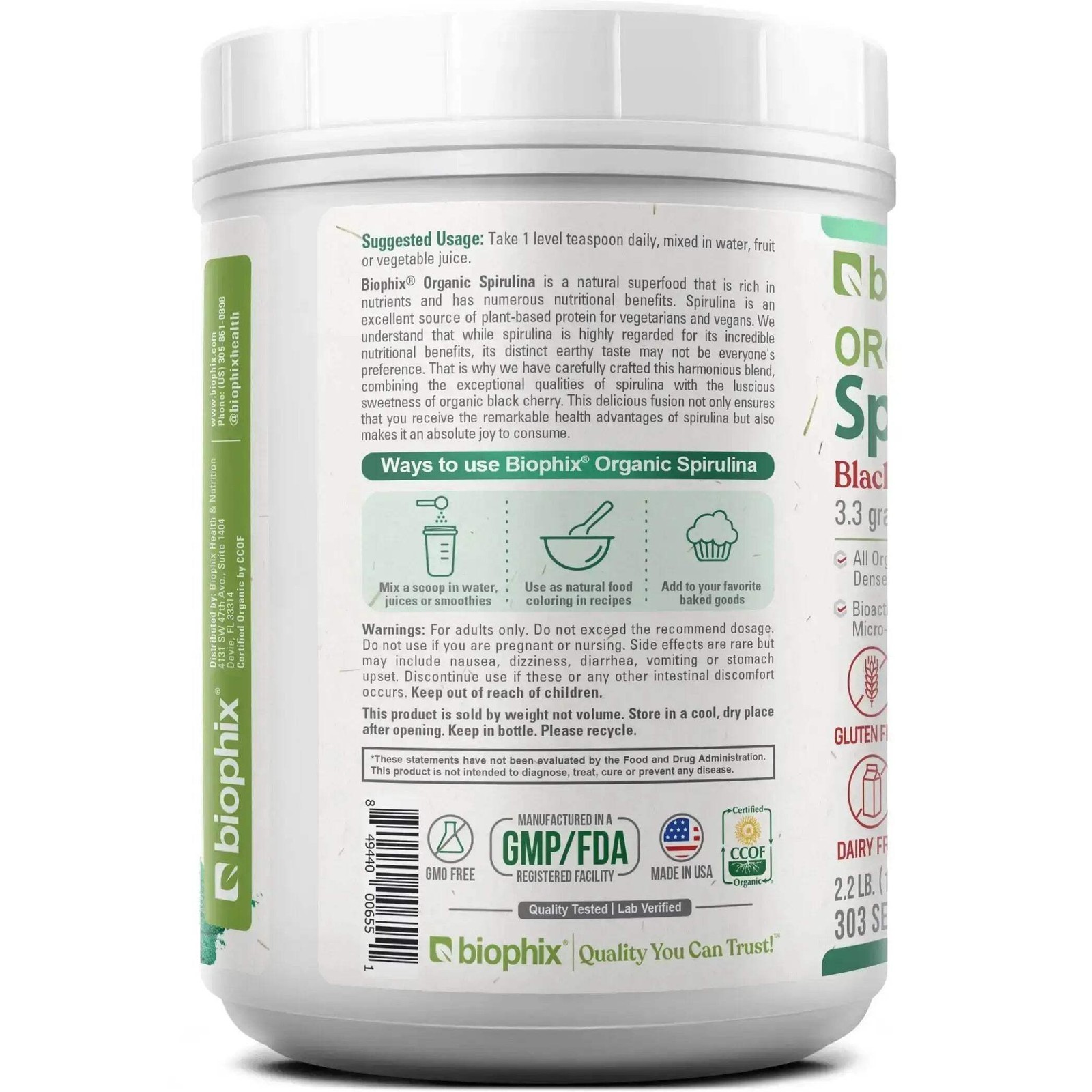 biophix Organic Spirulina Powder Black Cherry Flavor 2.2 lbs 1 kg