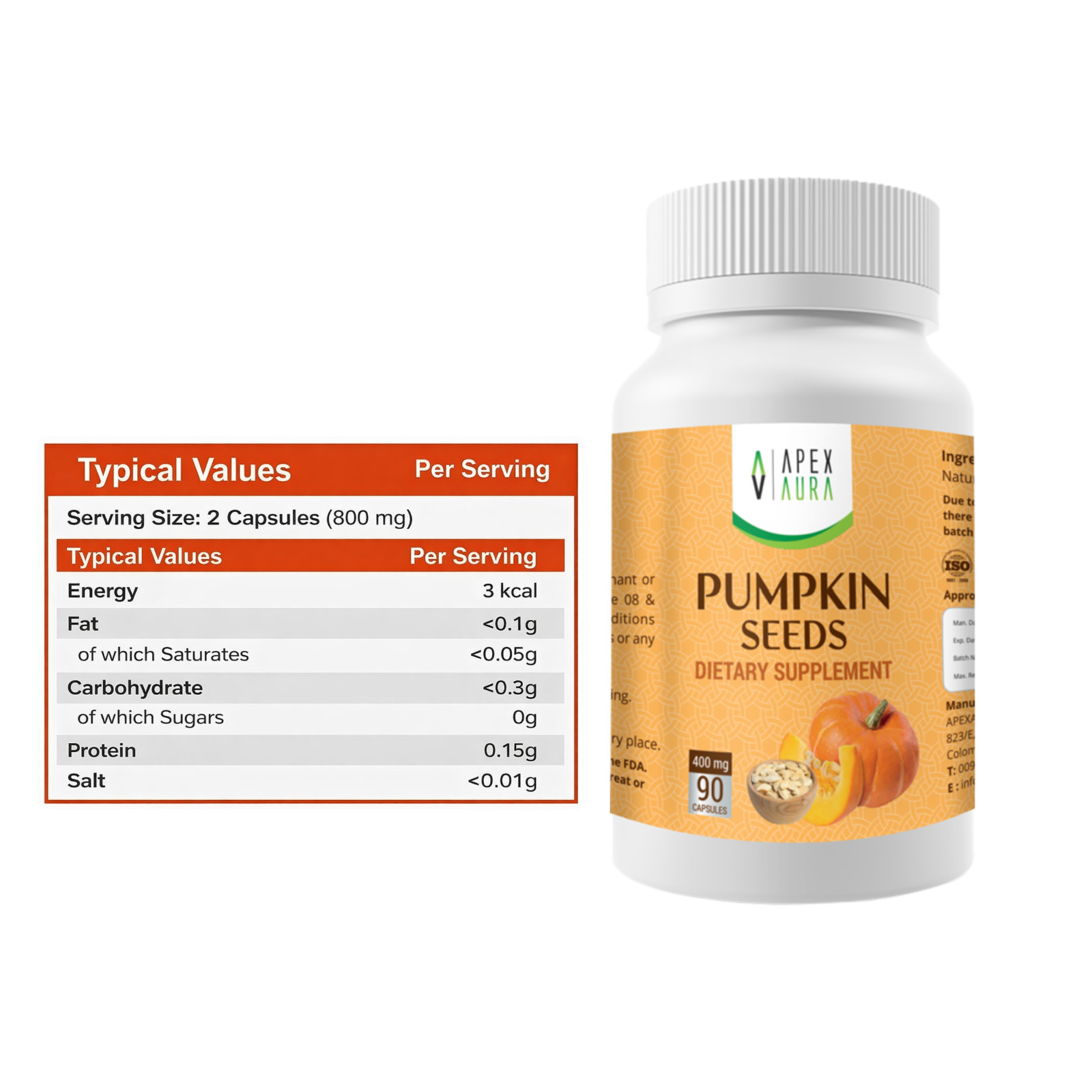 Pumpkin Seed Powder 400 mg x 90 Capsules | Dietary Supplement Made In Sri Lanka