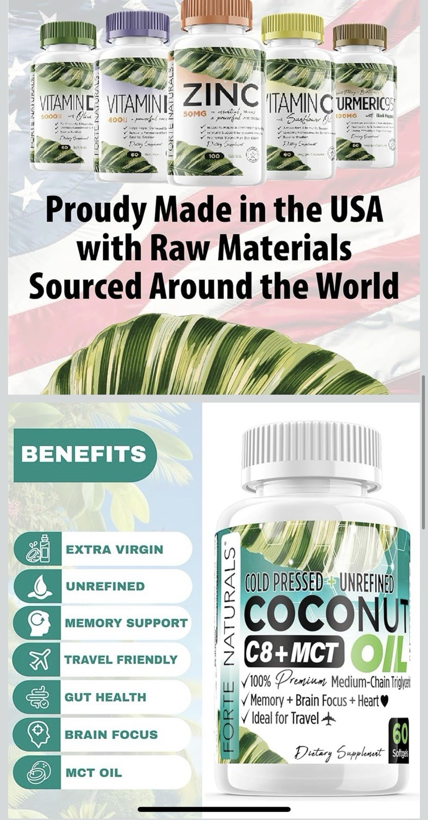 Forte Naturals C8+ MCT Coconut Oil Softgels 2000mg 60ct Gluten Free Non-GMO