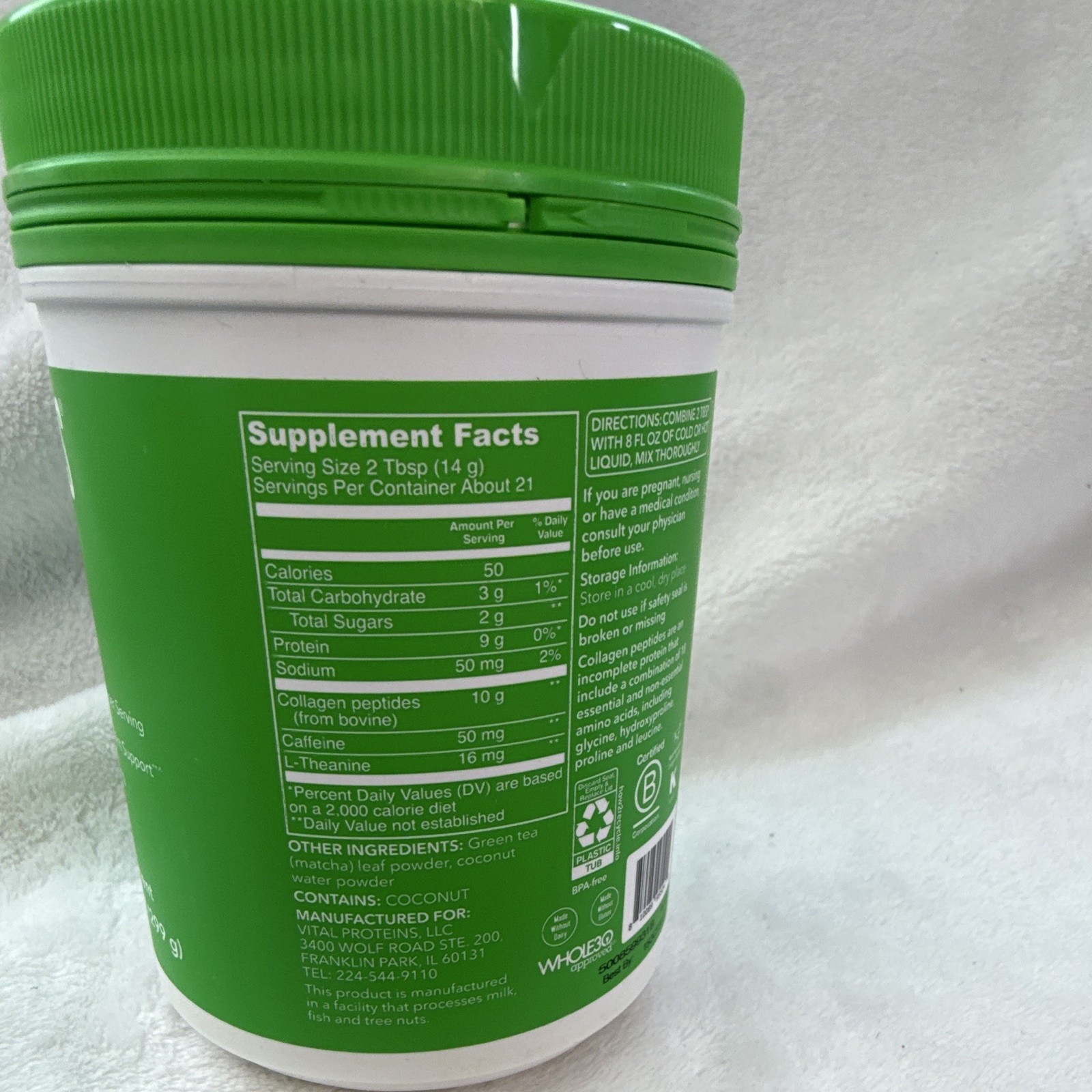 Vital Proteins Matcha Collagen Peptides Powder Original Matcha Keto 10.5 oz