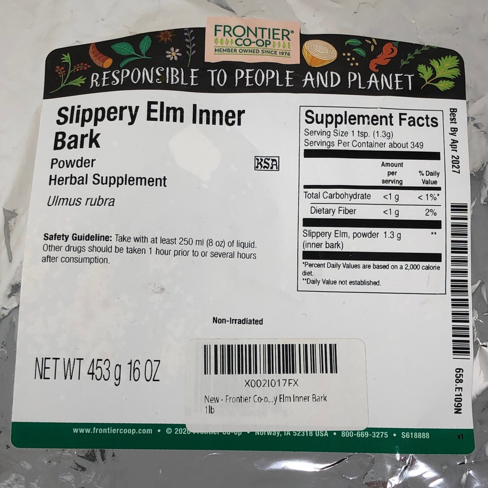Slippery Elm Inner Bark Powder 16 oz Frontier Co-op NEW Herbal Supplement