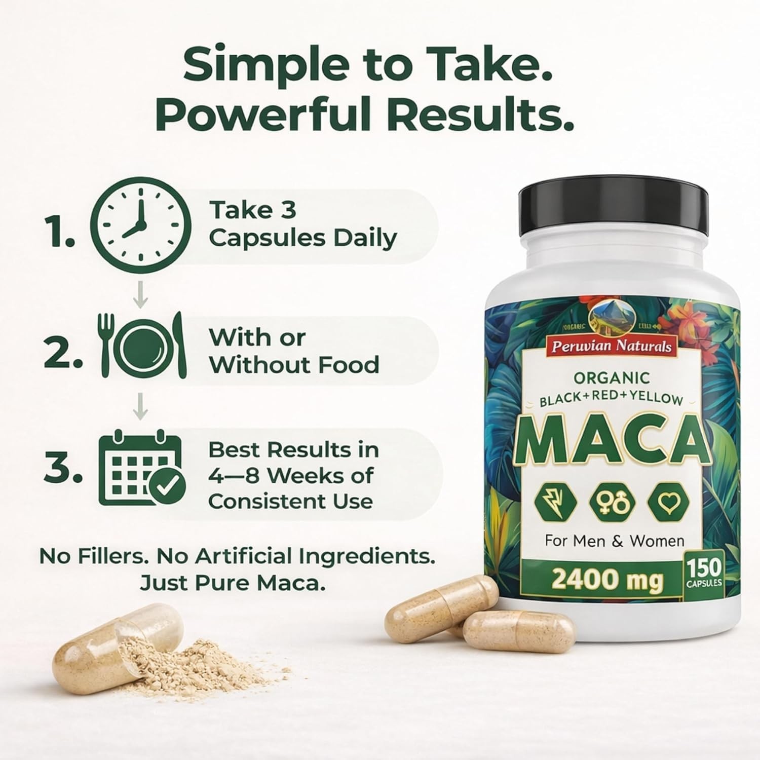 2 Organic Black Red Yellow Maca Root Capsules 300 for Women & Men 800mg – Peru