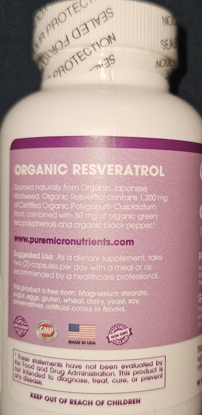 Pure Micronutrients Organic Resveratrol Supplement Trans-Resveratrol Capsules 90