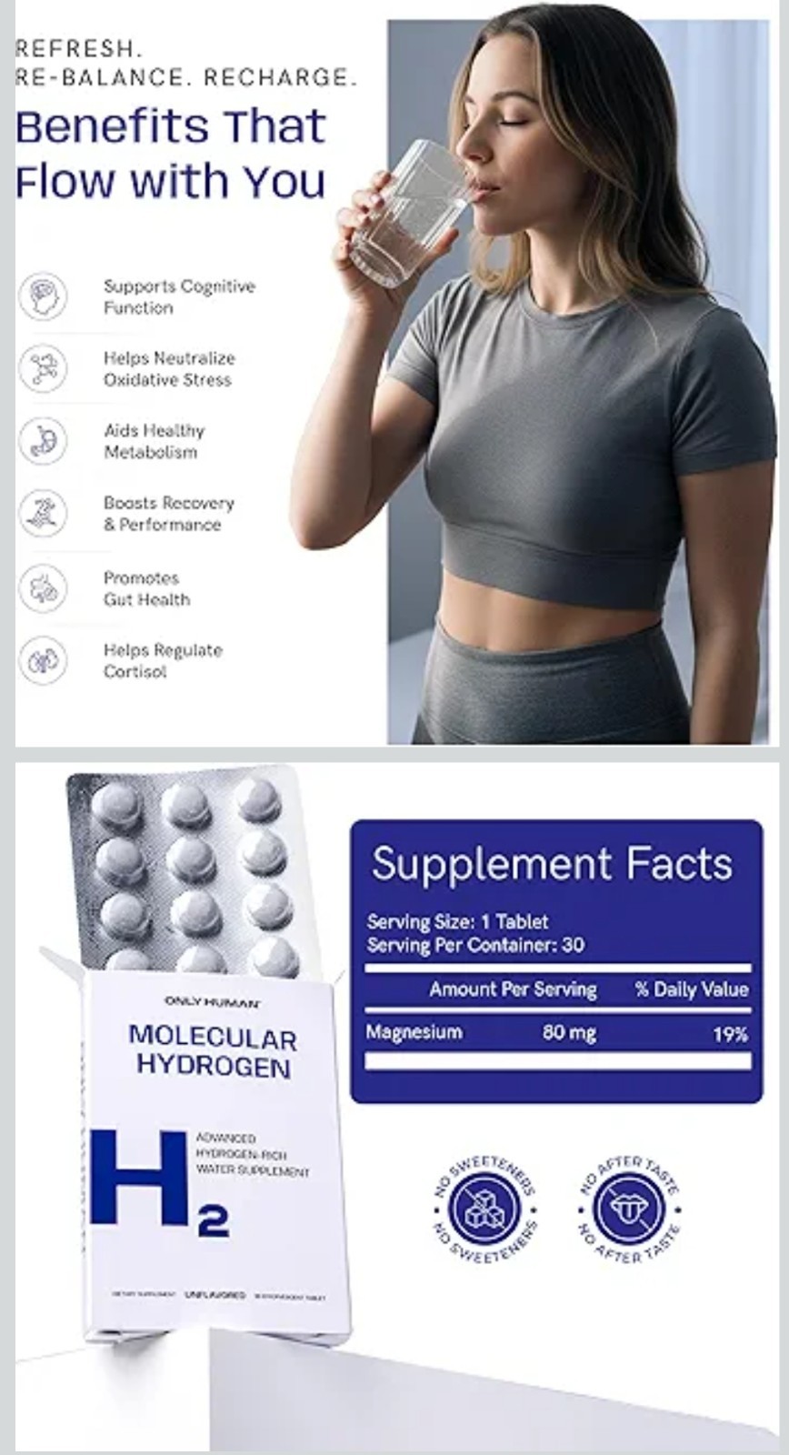 Only Human Molecular Hydrogen H2 Unflavored Effervescent Tablets 30 Ct Keto