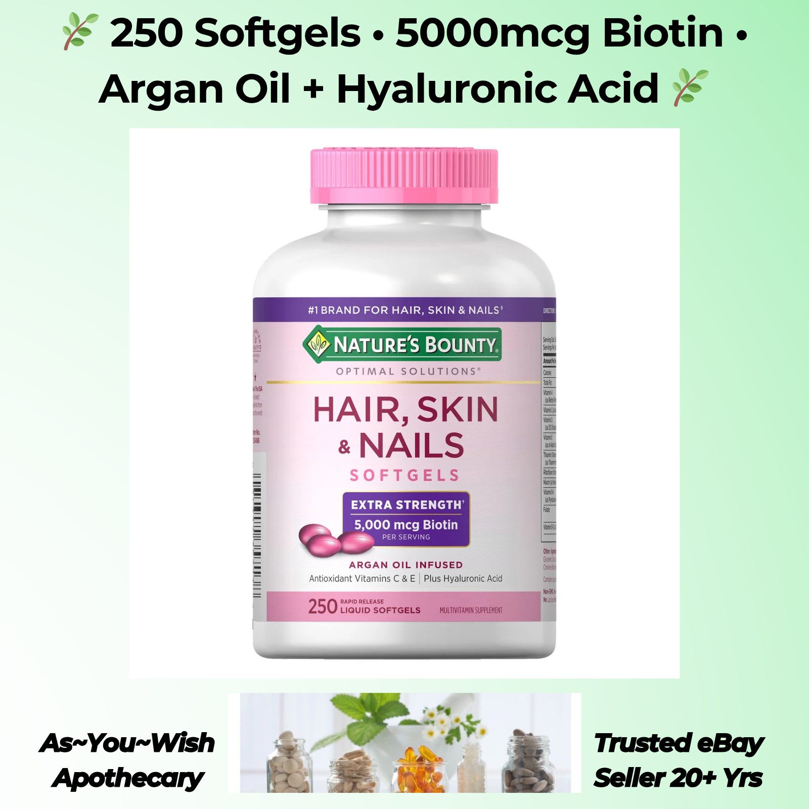 250 Ct. Nature’s Bounty Hair Skin Nails 5000mcg Exp9/26 Biotin Argan Hyaluronic