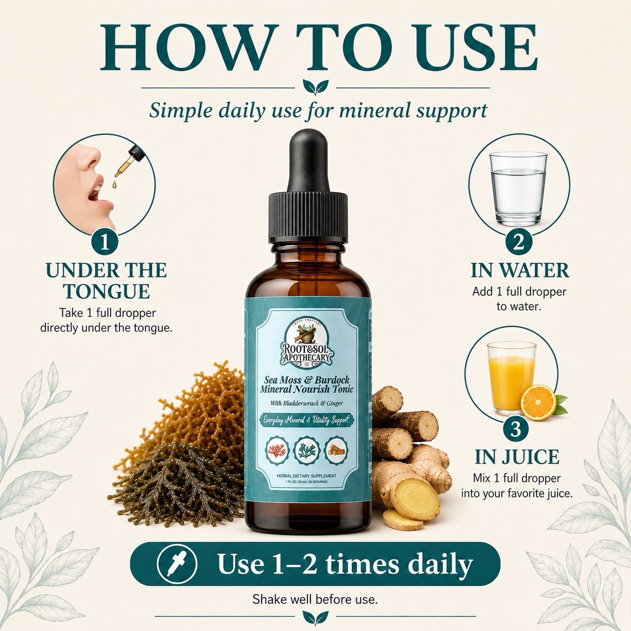 Root&Sol Apothecary Sea Moss Burdock Bladderwrack Ginger Tonic 1 fl oz