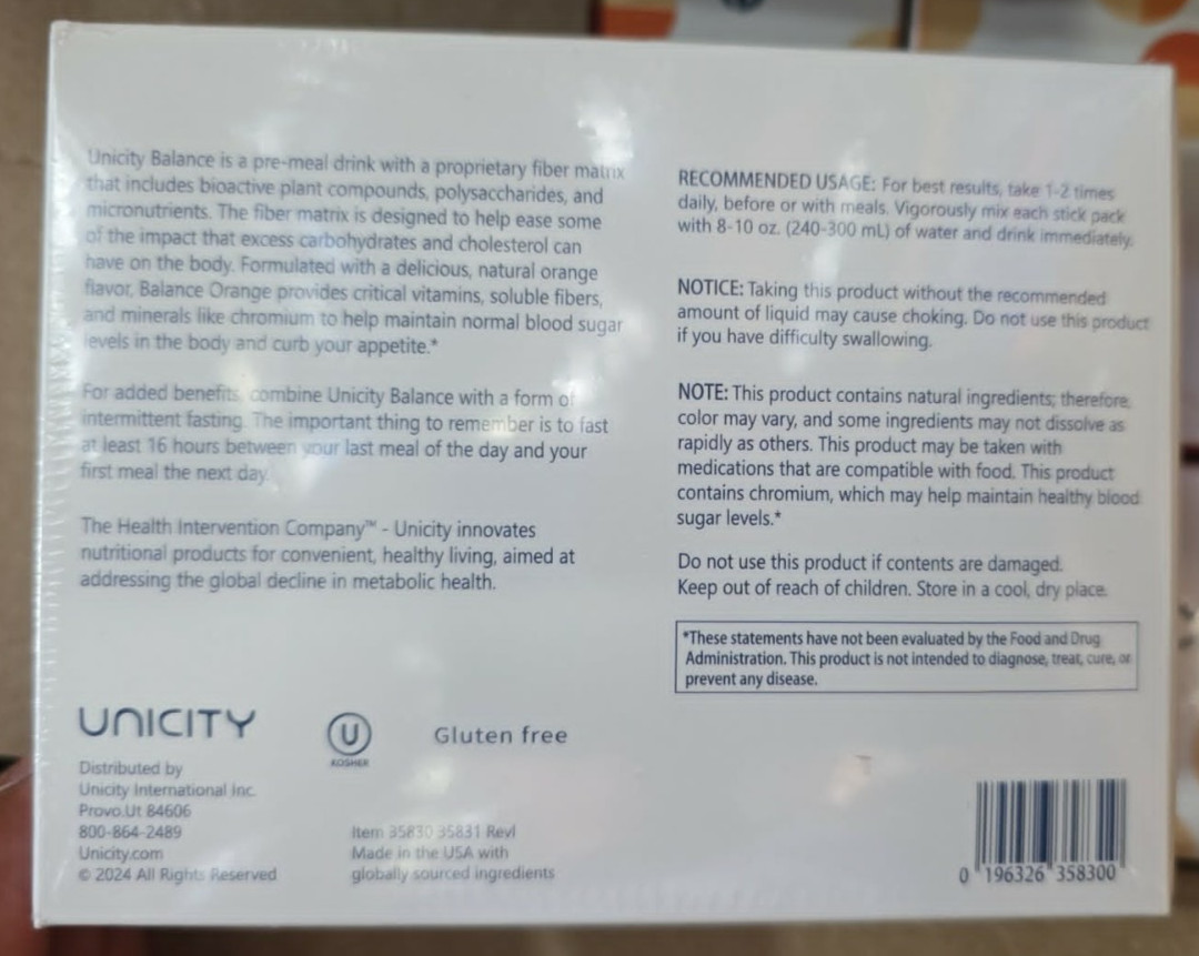 Unicity Balance Orange – 1 Box (30 Packets) | Orange Fiber Drink Mix-04/2/28