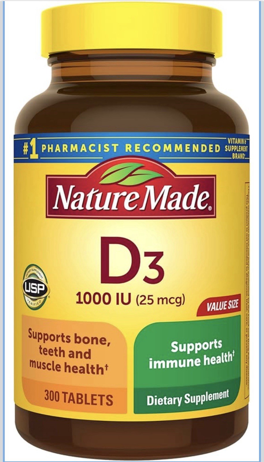 Nature Made Vitamin D3 1000 IU (25 mcg) 300 Tablets Gluten Free Unflavored