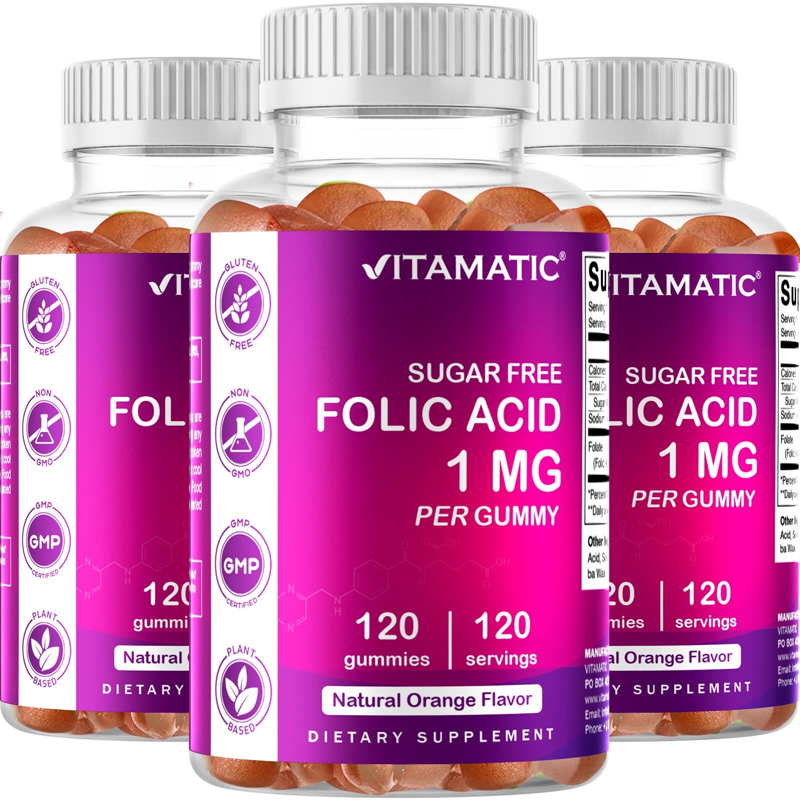 3- Pack Vitamatic Folic Acid Gummies 1000 mcg Vitamin B9 – 120 Vegan Gummies