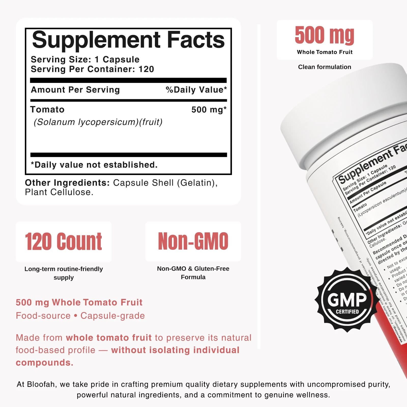 Bloofah Lycopene Tomato Fruit Powder Capsules 500mg | 120 Count | Clean Label.