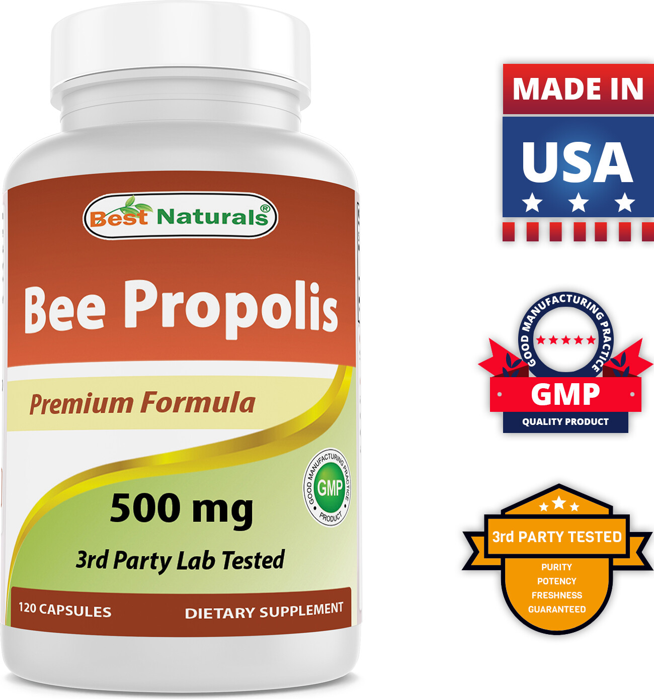 3 Pack Best Naturals Bee Propolis 500 mg 120 Capsules