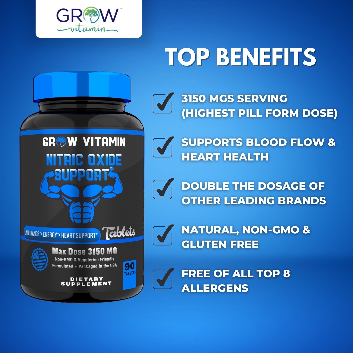 Grow Vitamin GF-9, 90 Tablets Human growth hormone, Testosterone booster,